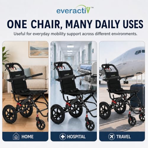 Image of EverActiv AERO GLIDE Foldable Travel Wheelchair, 9.5 kg Lightweight Portable Wheel Chair for Seniors & Patients, Compact Attendant Wheelchair with Aluminium Frame, Hand Brakes, Safety Belt & Foldable Footrest