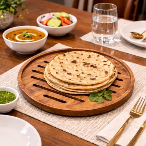 Image of Roti Cooling & Serving Wooden Plate 12 Inch | Premium Teak Wood Wooden Chakla with Anti-Slip Pads | Anti-Moisture & Termite-Free Chapati Serving Stand for Kitchen & Dining (12 Inch)