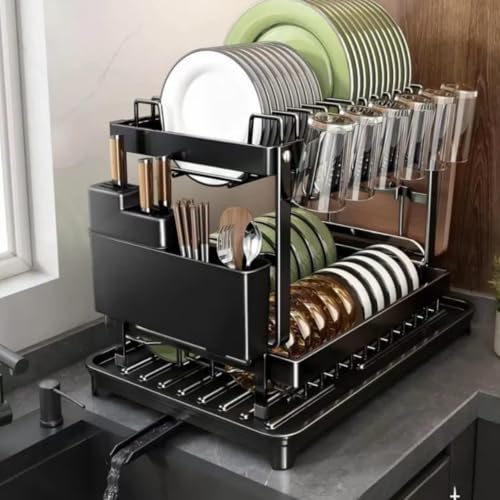 Image of HomeCloud 2-Tier Kitchen Dish Drying Rack & Drainer | Large Capacity Dish Stand with 360 Flexible Drainage System, Removable Drip Tray, Cutlery Holder & Cup Organizer for Countertop (Dark Black)