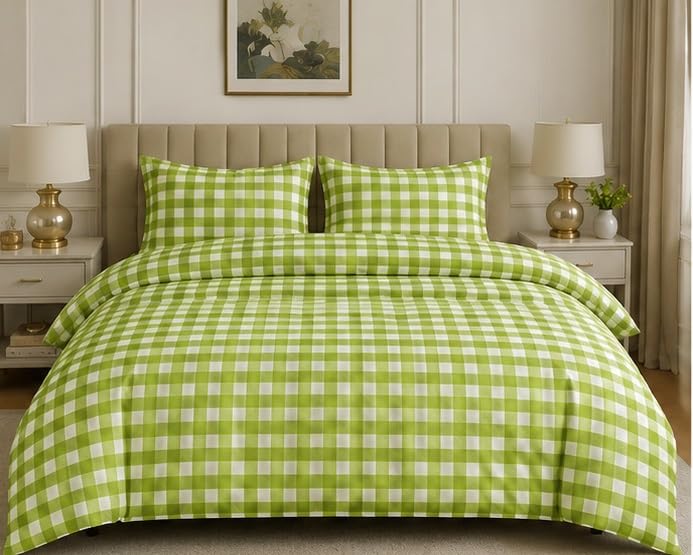 BHD Quilt Cover Glace Cotton Super Soft Duvet Cover Double Bed with Zipper Blanket Cover/Rajai Cover/Comforter Cover/Queen Size Glace Cotton for Home,Hotel, Guest House[90x100] inch Green Check-picture-10