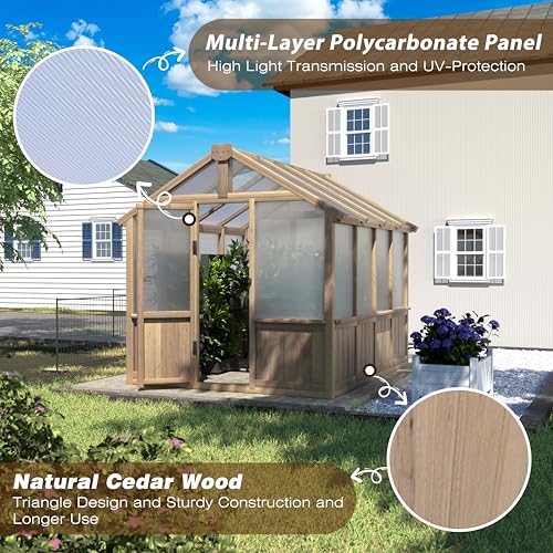 Image of Mupater 6 x 8 FT Wooden Polycarbonate Greenhouse with Ventilated Window and Lockable Door, 6mm PC Panels for UV Protection, Walk-in Greenhouse Kit for Outdoor, Garden and Backyard, Brown