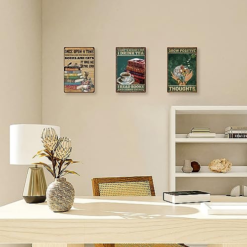 SUPERDANT Reading and Drinking Metal Signs Drink Tea Read Book Know Things Tin Signs Inspirational Quotes Metal Tin Sign Vintage Wall Art Funny Signs and Plaque for Library Cafe Bar Vintage Decor - Image 3