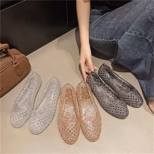 Image of Stunner Women Beach Jelly Shoes Slip On Crystal Summer Hollow Ballet Flats | Summer Cool PVC Breathable Outdoor Indoor Dressy Flat Sandals for Holiday Shopping Spa Swimming Pool