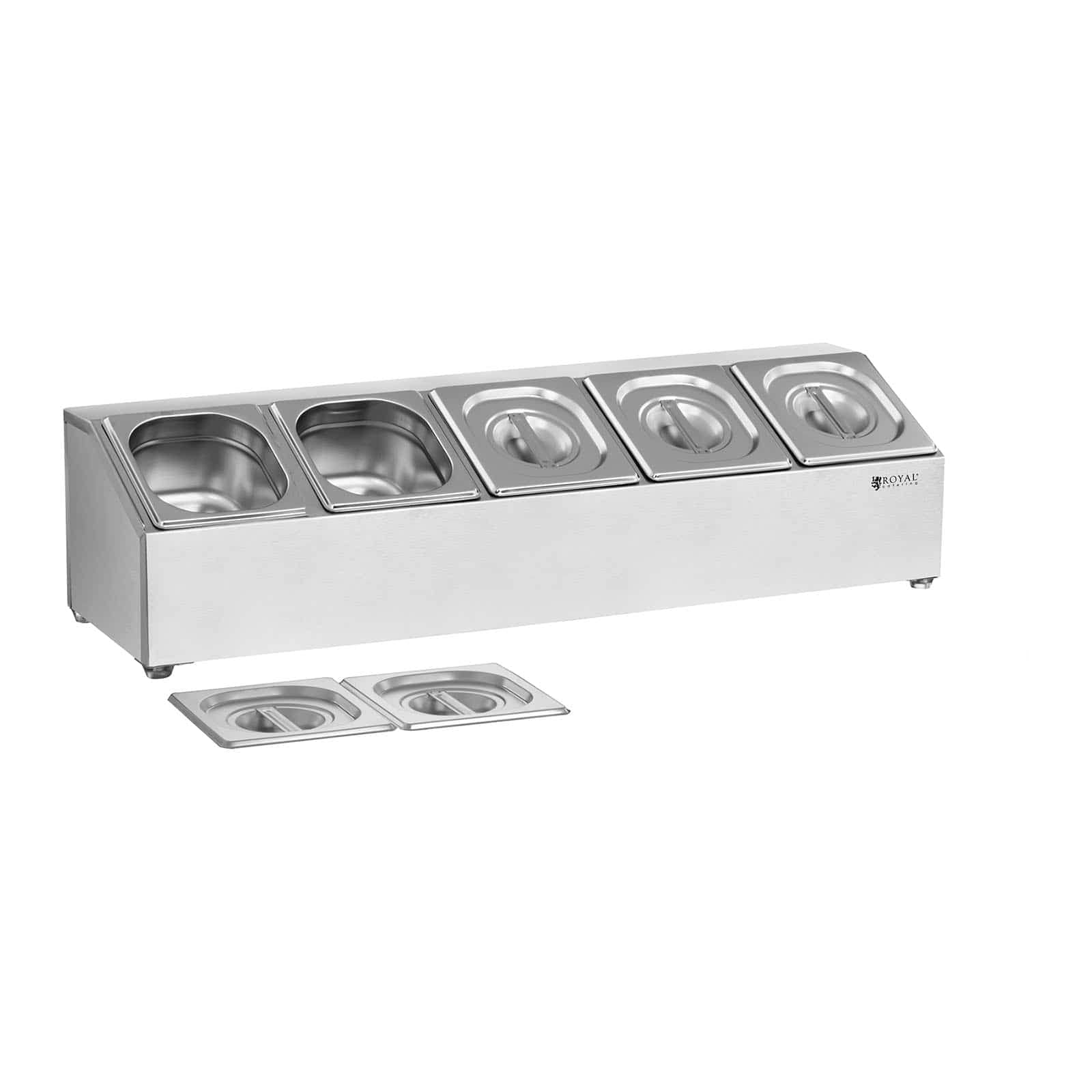 Royal Catering Espositore GN Vetrina Banco RCPN 5 (Acciaio inox, Parti singole lavabili in lavatrice, 5 contenitori GN 1/6 con 5 appositi coperchi inclusi)