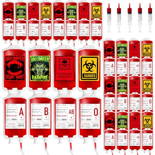 Garma 48 Pack 10oz Blood Bags for Drinks, 8 Design Halloween IV Bag for Drinks Reusable Drink Pouches Containers with Syringes Clips Pouch Prop for Vampire Zombie Hospital Theme Party Favors Supplies