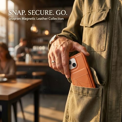 Image of amazon basics Premium Vegan Leather Back Cover with Card Holder and Integrated Mobile Stand for iPhone 15 - Slim Shockproof Wallet Case with Geometric Stitching [Tan]