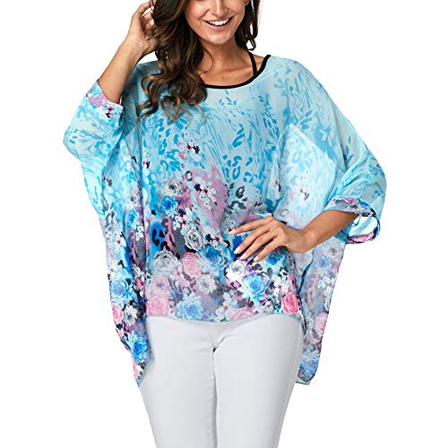 Image of Ckikiou Plus Size Batwing Flowy Semi Sheer Chiffon Blouse Tunic for Women Summer Floral Print Boho Beach Cover ups