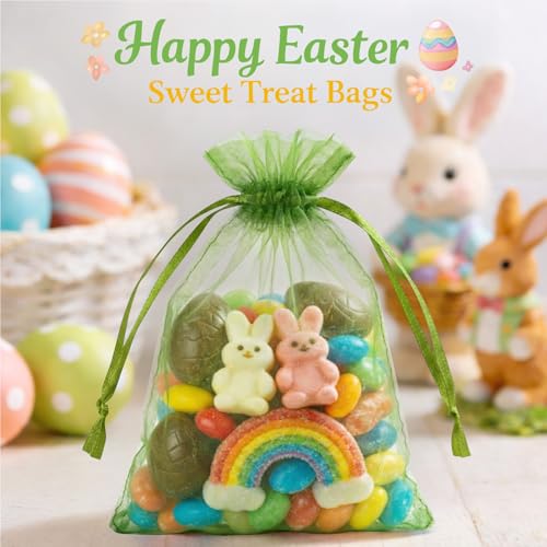 Image of ANZNKU 50 Pack Green Organza Bags 5 x 7 Inch, Gift Bags Small Size Sheer Favor Bag with Drawstring, Small Mesh Bag for Easter Candy Jewelry Party Wedding & St. Patrick's Day