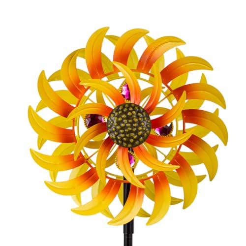 VEWOSTAR Metal Sunflower Wind Spinner Outdoor 13Inch Large Double Windmill Pinwheels with Stake Kinetic Wind Sculpture Outdoor for Yard Garden Lawn Decorations