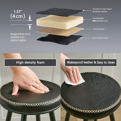 Image of FIRAVOE Bar Stools Set of 2, Swivel Backless 28 inch Counter Height Bar Stools for Kitchen Island, Faux Leather Counter Stools (Black, 2 PCS 28'' Height)