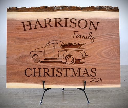 Personalized Cutting Board Wedding Gift Walnut Live Edge Artisan Rustic Display Unique Custom Engraved Anniversary Bride Groom Newlywed Couple Parents Housewarming (Old Christmas Tree Red Truck)