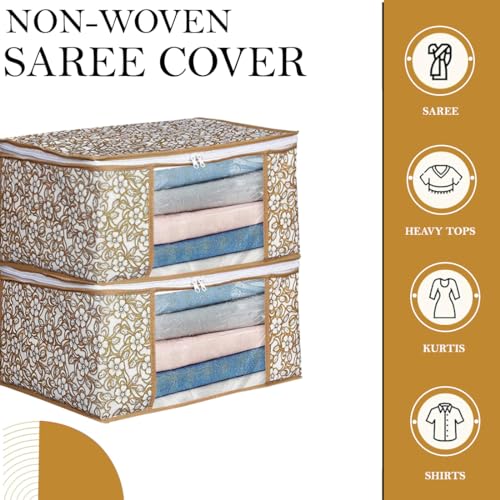 Image of Ai Ankit International Non-Woven Saree Covers With Zip | Set Of 3 Clothes Cover Bags - Storage Organizer For Saree | Shirts | Salwar Suit | Lehenga - Dress Organizer For Wardrobe, 22 Cm, Beige, 32 Cm