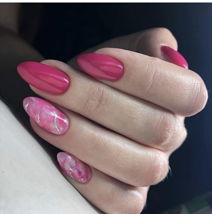 FWS Artificial Press On Nails Art Set, Reusable Stick On Nails Glossy Dark Pink Marble Shape Stiletto (Set Of 20) With Nail Glue, Nail file, cuticle pusher, cleaning wipe-image-42
