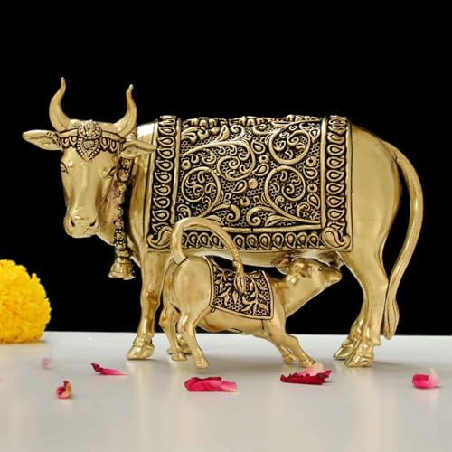 Image of INDICAST Handcrafted Brass Cow with Calf for Good Luck | 4.5 inch Kamdhenu Gau MATA Idol Spiritual Vastu Nandi Pooja Figurine Sculpture for Home and Office (Weight- 440gm)