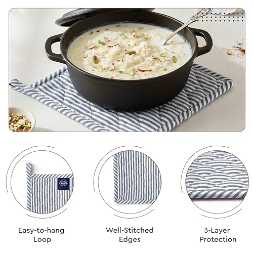 Image of Encasa XO Heat Resistant 100% Cotton Oven Glove & Potholder Set with Loop, Kitchen Cooking Mittens, Microwave Safe Hot Pads (Ticking Navy Blue)
