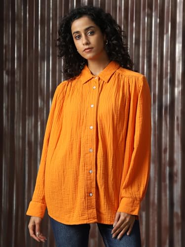 Image of High Star Women Cotton Solid Oversized Fit Casual Collar Full Sleeves Shirts