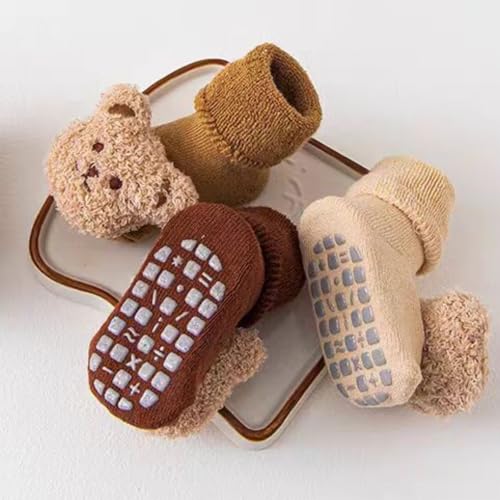 Baby Crawling Socks for 1-3 Years Old Winter, Cute Bear Warm Thick Cotton Terry Floor Socks with Grips for Toddlers3