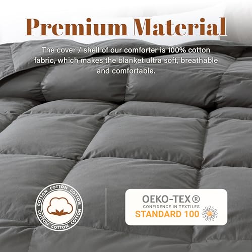 Image of Feather and Down Fiber Comforter Insert King, 100% Cotton Cover | Medium Warmth Grey Duvet Insert, Fluffy Soft Hotel Luxury Bedding for Bedroom, 106 x 90 Inches