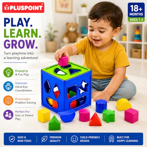 Image of PLUSPOINT Shape Sorter Toy for Kids 1-3 Years | Montessori Educational Learning Toy | 18 Colorful Shape Blocks & Sorting Cube | Shape & Color Recognition | Gift for Boys & Girls