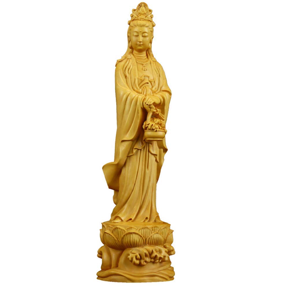 YNIYUJKL Feng Shui Statue Figurine Boxwood Quan Yin Ornament Carrying Basket Guan Yin Standing On Lotus Sculpture Goddess Of Mercy Tall Immortal Deity Of Mercy Kwan Yin Decoration,Wood
