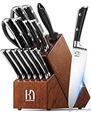 KnifeSaga Knife Set, 15 Pcs Kitchen Knife Block Set, Enduring Razor-Sharp High Carbon Stainless Steel Chef Knife Set with Block and Sharpener, Premium Knives Set for Kitchen, Ash Wood Valentine's Gift