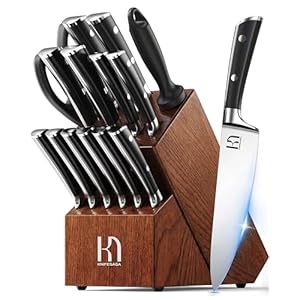 Knife Set, 15 Pcs Kitchen Knife Block Set, Enduring Razor-Sharp High Carbon Stainless Steel Chef Knife Set with Block and Sharpener, Premium Knives Set for Kitchen, Ash Wood Valentine's Gift