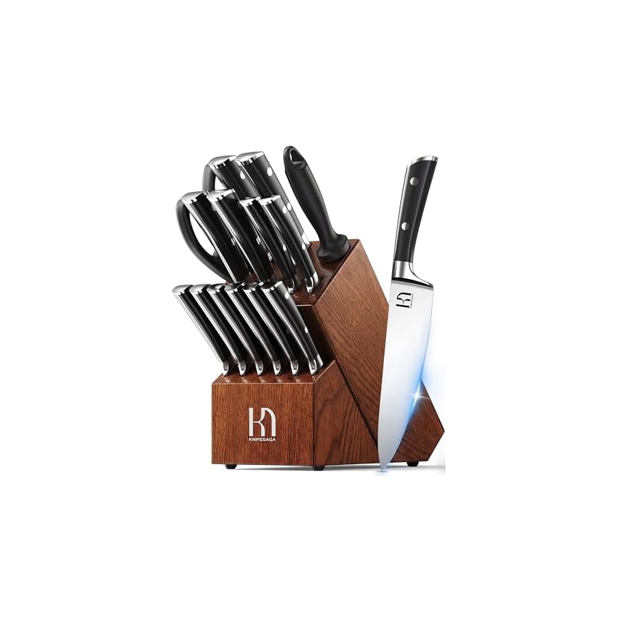 Knife Set, 15 Pcs Kitchen Knife Block Set, Enduring Razor-Sharp High Carbon Stainless Steel Chef Knife Set with Block and Sharpener, Premium Knives Set for Kitchen, Ash Wood Valentine's Gift
