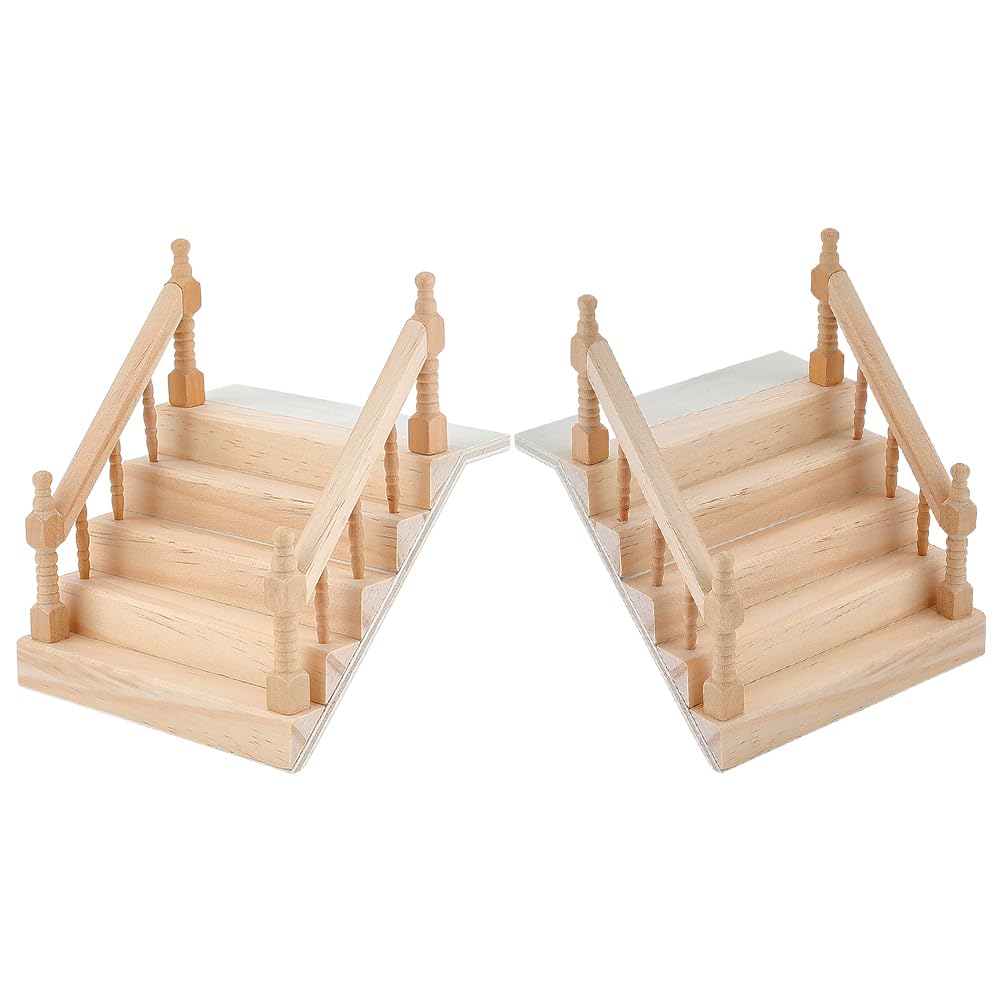 NBEADS 2 Pcs Mini Wooden Handrail Staircase, 12x10.5x6.3cm Dollhouse Furniture Model Tiny Stair for Miniature Scene Decoration Fairy Garden and Elf Diorama