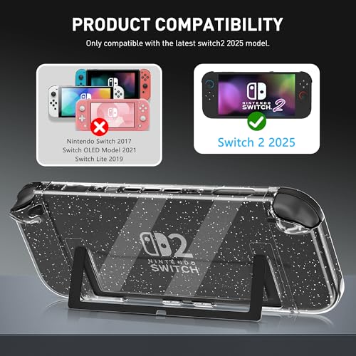 Image of RHOTALL Slim Glitter Case for Nintendo Switch 2 2025, Hard PC Sparkle Crystal Protective Dockable Shell Cover with Tempered Glass Screen Protector for Switch 2 7.9 Inchsparkle, 4 Thumb Caps