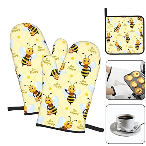 Oralby Bee Oven Mitts And Pot Holders Sets, Funny Kitchen Oven Mitts Heat Resistant Of 500 Degrees, Pure Cotton Hot Pads And Oven Mitts Sets For Baking,Cooking,Bbq Grilling(3Pcs Set) One Size #TOP2