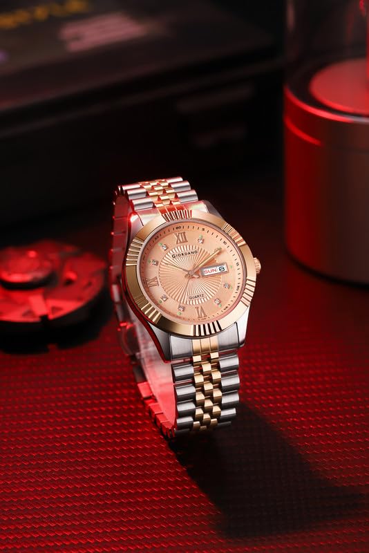 Image of Giordano Classic Analog Quartz Watch for Men with Textured Dial, Fluted Bezel, Day & Date Display & Two-Tone Stainless Steel Strap