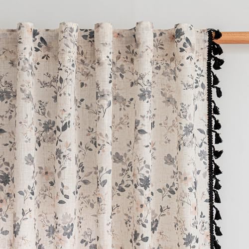Image of MYSKY HOME Farmhouse Floral Boho Linen Blend Curtains with Black Tassels 63 Inch Length 2 Panels Semi Sheer Light Filtering French Cottage Bedroom Drapes Back Tab, 50 inch Wide Each Panel, Black
