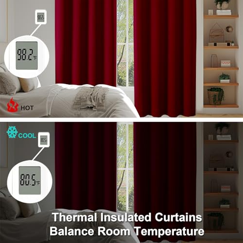 Simplebrand Red Blackout Curtains for Bedroom 96 Inches Long 2 Panels, Solid Thermal Insulated, Energy Saving Living Room Window Treatment Curtains Blackout Drapes, W50 x L96 Inch, Red
