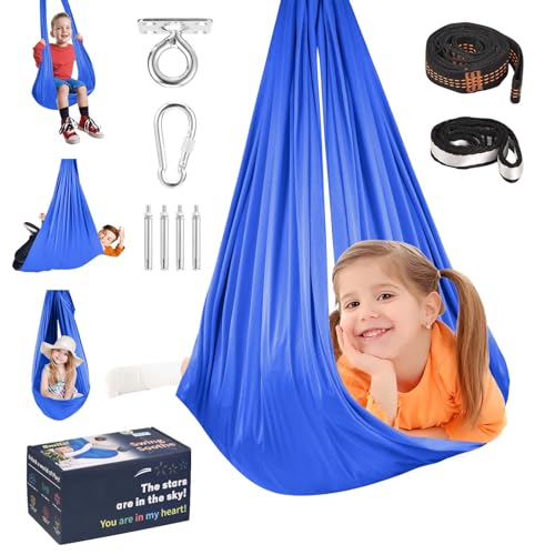 Sensory Joy Swing for Kids Elastic and Soft Fabric Therapy Swing for Autism ADHD Asperger Indoor Outdoor Sensory Swing for Children Cozy Cuddle Hammock Chair Autism Swings IndoorJewelry Blue