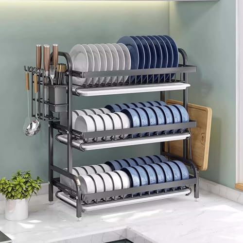 WZYCLTT Escurridor de platos negro con escurridor de 43 x 23,5 x 59,8 cm, escurridor de platos para encimera de cocina de 3 niveles, escurridor de platos de acero inoxidable, escurridor de platos de