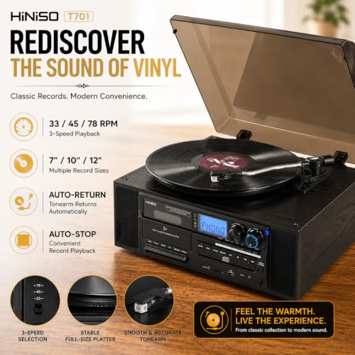 Image of HINISO T701 10-in-1 Vinyl Record Player with Bluetooth in & Out, CD, Cassette, FM /AM Radio, USB /SD Recording | Auto-Return 3-Speed Turntable with AT-3600L Diamond Needle, Remote & RCA
