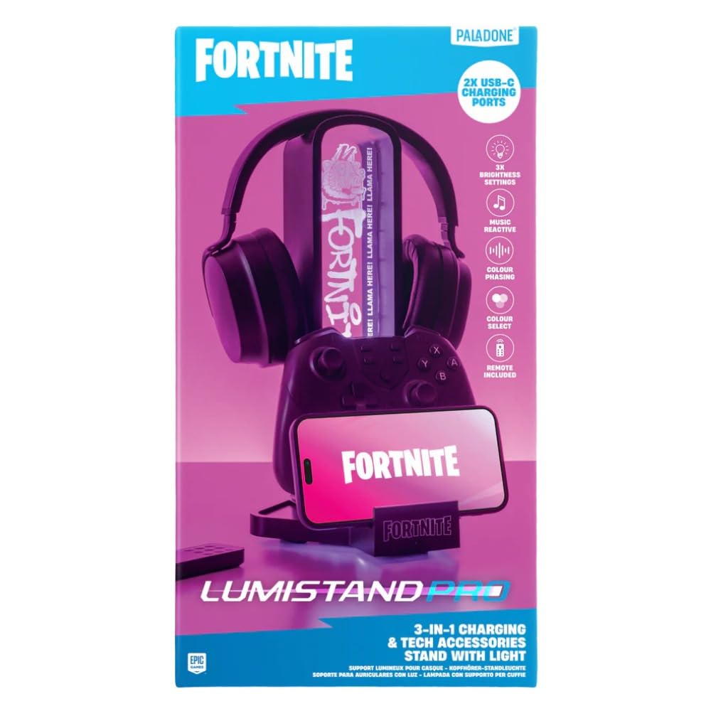 Paladone Fortnite 3-in-1 Headphone Stand and Tech Charging Station with Console Controller Cradle and 2 USB-C Ports, RGB Colour Changing Light Panel, Officially Licensed Gift for Gamers