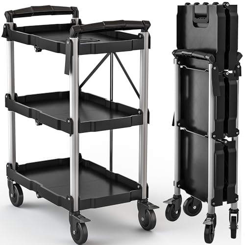 Image of DWVO 3-Tier Foldable Service Cart with Swivel Wheels & Brake, 350LBS | Folding Utility Cart Heavy Duty Collapsible Rolling Cart, 350LBS Portable Utility Cart for Kitchen, Warehouse, Garage