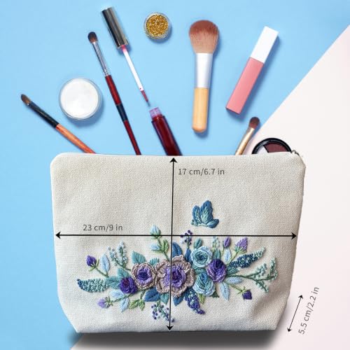 Image of FONNUY Embroidery Kit Makeup Bag for Beginners, Flowers Pre-Stamped Pattern Handbag Coin Purses Making Kits for Adults with Hoop, Easy to Follow Color Thread Needlework (Blue)