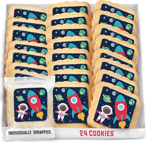 Space Themed Cookies Individually Wrapped Bulk | Outer Space Astronaut Planets Rocketship | Party Favors 24 Pack for Kids Birthday Party Decorated Sugar Cookies