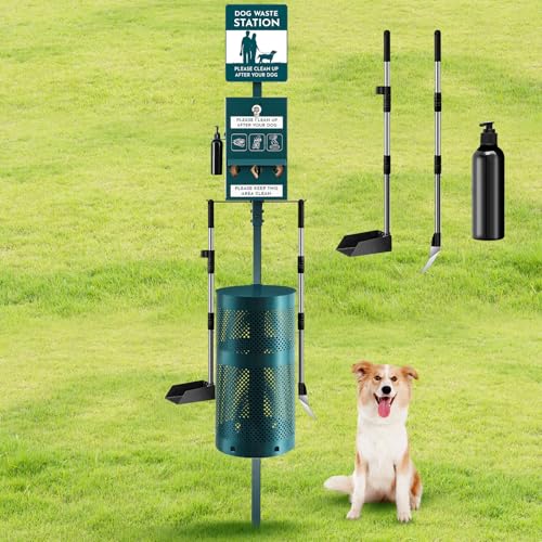 Qinyoung Dog Waste Station Outdoor Dog Poop Trash Can with Poop Bag Dispenser Shovel Dustpan Hand...