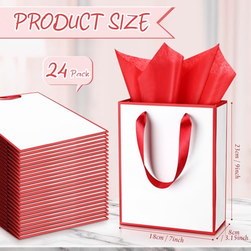 Image of Yeaqee 24 Pack Metallic Paper Gift Bag with Tissue, White, Dark Red | with Satin Ribbon Handle and Tissue, 9x7x3.1 Inch, Suit Business, Birthday, Christmas, Thank You Return Gifts Bags