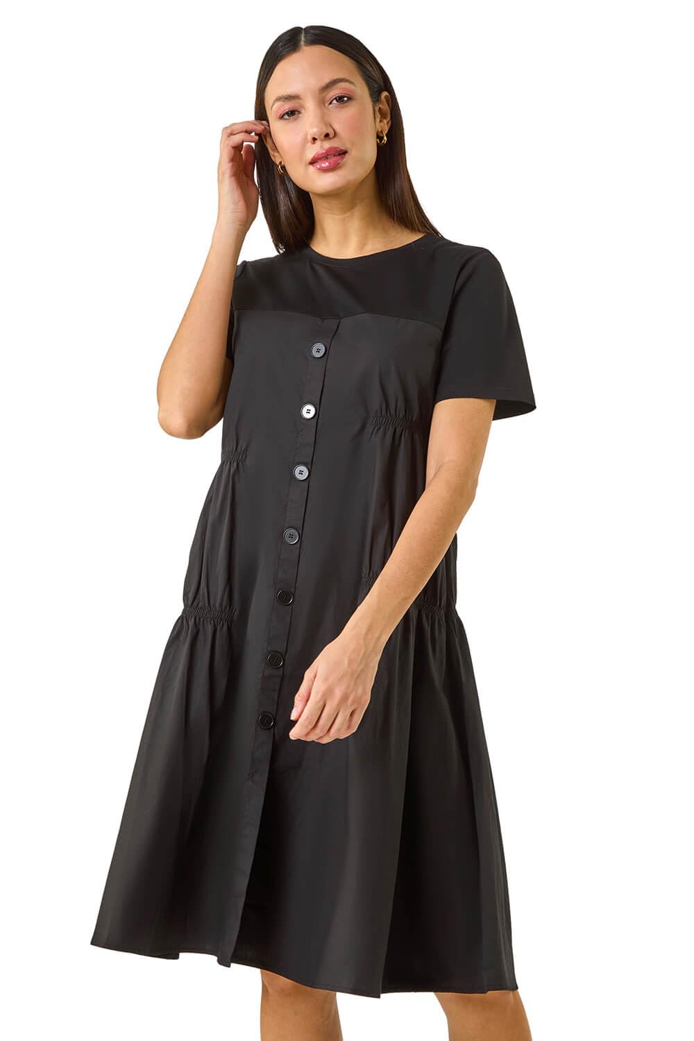 Roman Originals Gathered Mix Smock Dress for Women UK - Ladies Everyday Holiday Spring Summer Round Neckline Comfy Soft Evening Vacation Work Party - Black - Size 16
