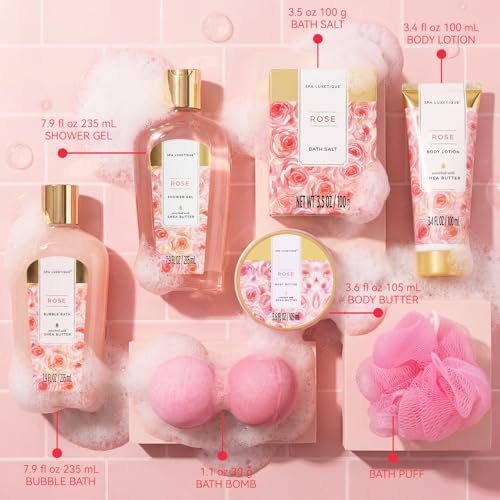 Image of spa luxetique Gift Set For Women, Bath Sets for Women Gift, 8 Pcs Rose Spa Basket Includes Bubble Bath, Shower Gel, Body Lotion, Mom Birthday Gifts, Christmas Gifts for Her
