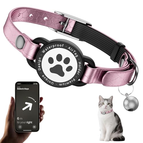 Leather Airtag Cat Collar - Waterproof Cat Collar AirTag Holder with Metal Buckle | Comfortable, Glossy Cats Tracker Collars with Bell for Girl Boy Cats, Kittens, and Puppies (Rose Gold)