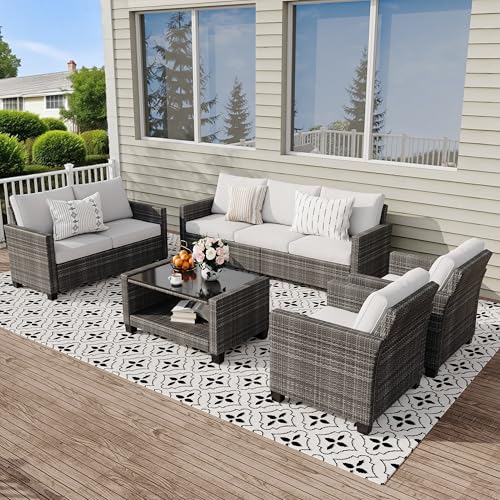Patio Furniture Set 5 Pieces, 7-Seat PE Rattan Wicker Outdoor Sectional Patio Conversation Set with Waterproof Cusions and Coffee Table, Grey and Grey