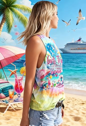 Image of jusgai Girls Trip 2025 Tank Tops for Women Hawaiian Coconut Tree Vintage Tee Summer Vacation Tie Dye Sleeveless Tops(Tie Dye-3, Large)