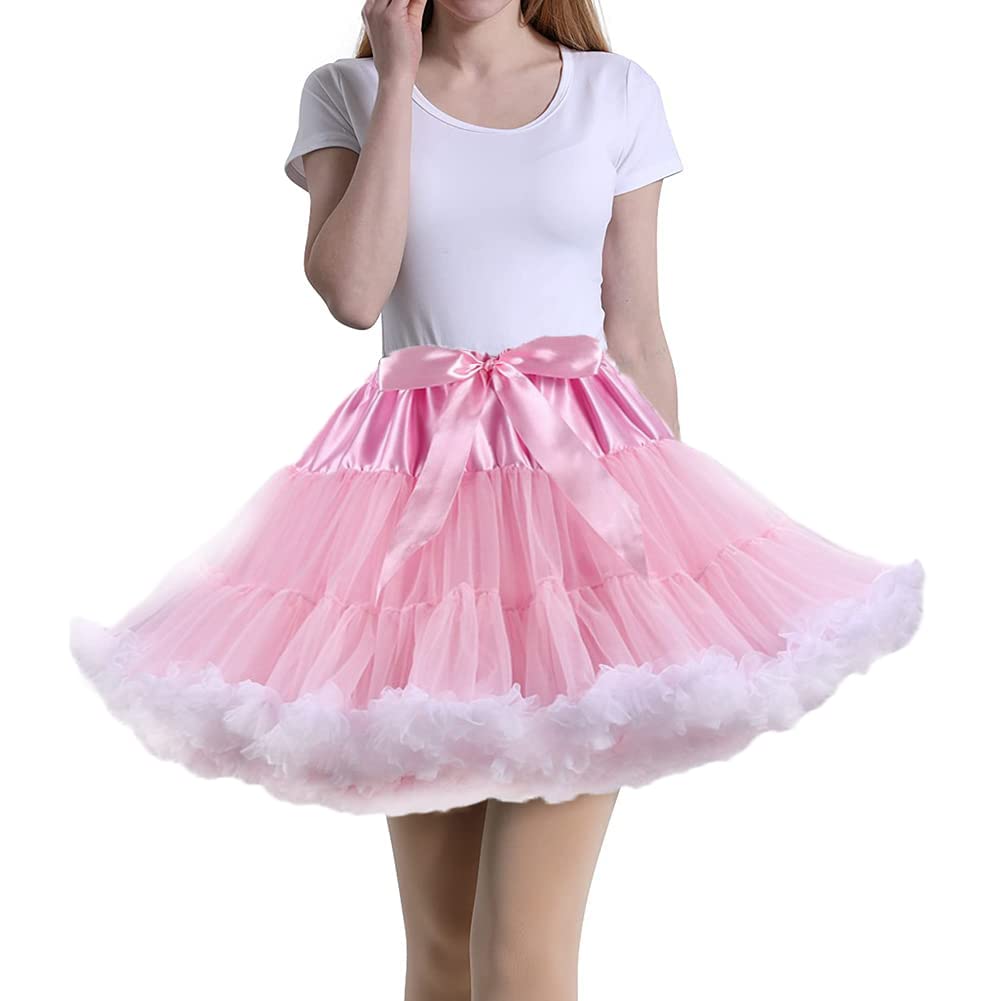 Tmade Women's Tulle Petticoat Tutu Party Multi-Layer Puffy Cosplay Skirt, Pink, Length 40cm, Waist 56-100cm