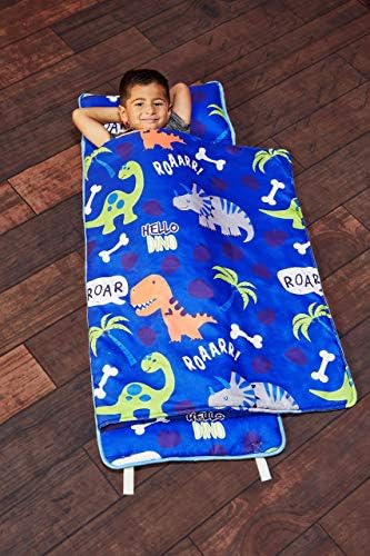 EVERYDAY KIDS Toddler Nap Mat with Removable Pillow - Roarin' Dinos - Carry Handle with Straps Closure, Rollup Design, Soft Microfiber for Preschool, Daycare, Travel Sleeping Bag - Ages 3-6 Years