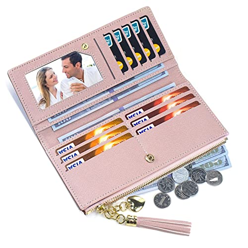 SUMGOGO Wallets for Women Slim Clutch Purse Handbag Card Holder Womens Long Tassel Zipper Pocket Fashion Taiga Leather Billfold Wallet (Pink)4